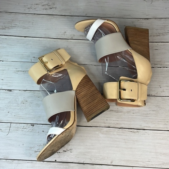 Sigerson Morrison Multi Neutral Colors Poker 2 Strap Heeled Sandals - Picture 10 of 14